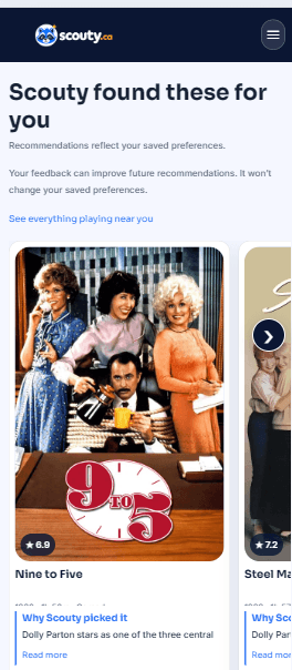 Scouty on mobile showing a swipeable row of recommendations